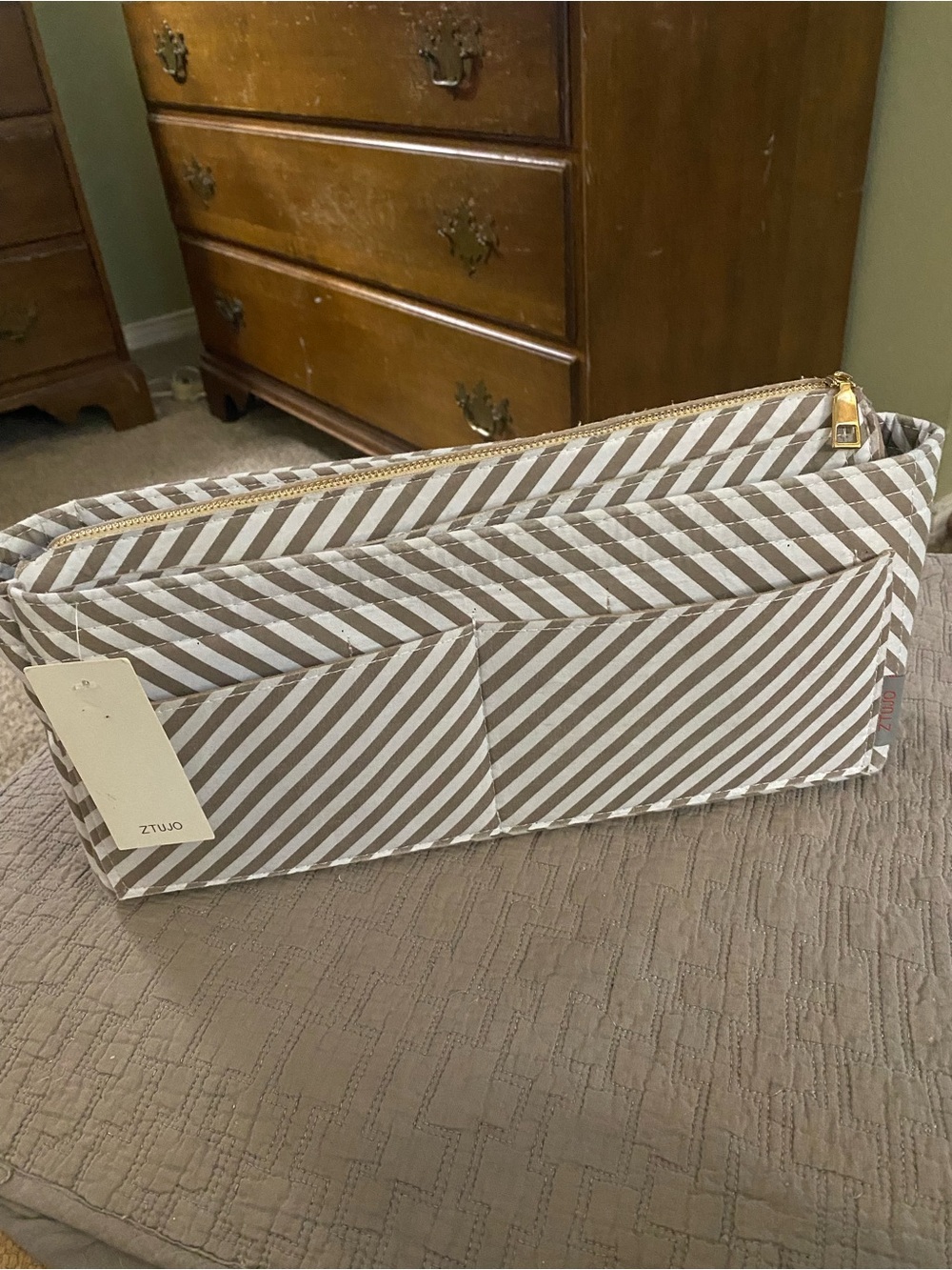 Striped Ztujo Tote Organizer - Tan& White